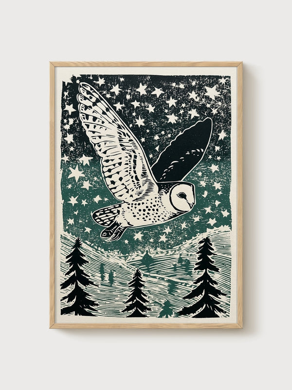 Owl Wall Art poster in oak frame