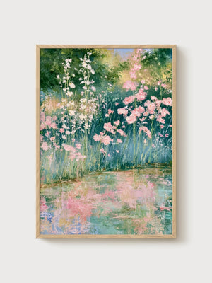 Watercolor Flowers Garden Pond poster in oak frame
