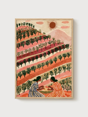 Terracotta Mountain Landscape Print poster in oak frame