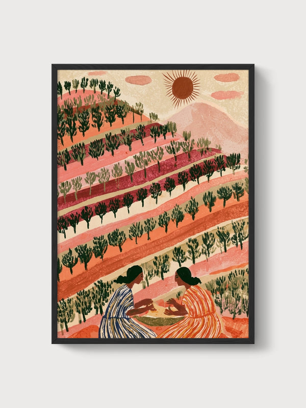 Terracotta Mountain Landscape Print poster in black frame