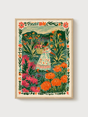 Mexican Folk Art Garden Print poster in oak frame
