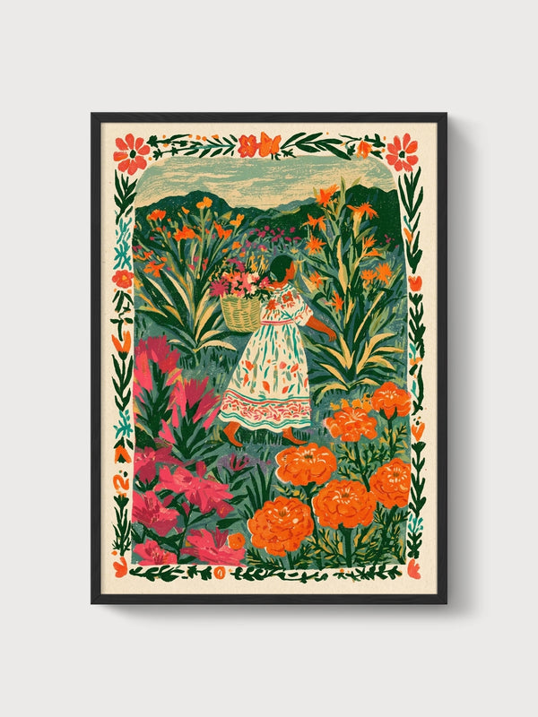 Mexican Folk Art Garden Print poster in black frame
