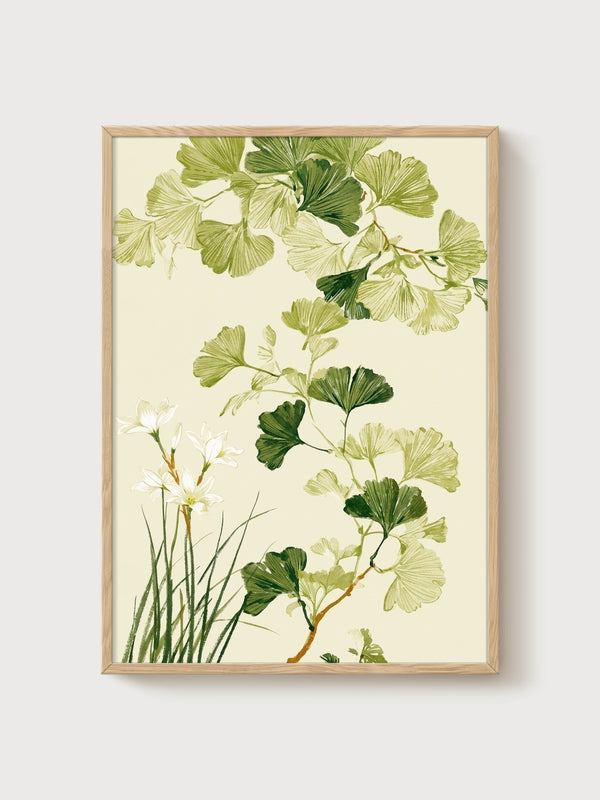 Ginkgo Leaves Watercolor Print poster in oak frame