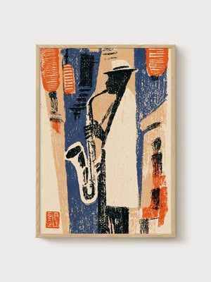Japanese Woodblock Jazz Musician Poster poster in oak frame