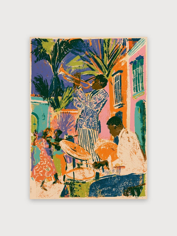 Vibrant Jazz Musician Tropical Street - Digital Download