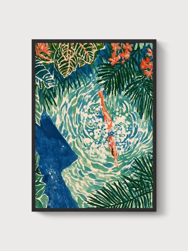 Tropical Diver Watercolor Print poster in black frame