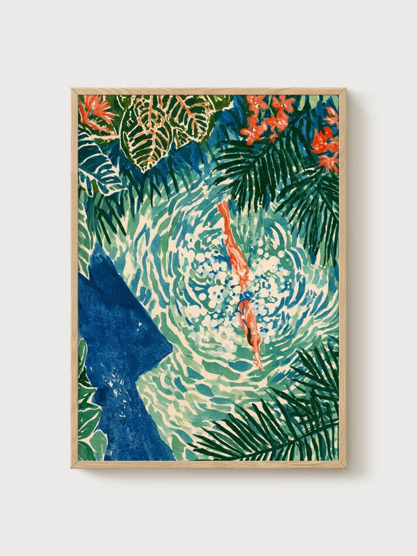 Tropical Diver Watercolor Print poster in oak frame
