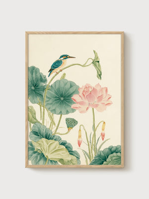 Kingfisher Lotus Watercolor Bird Art poster in oak frame