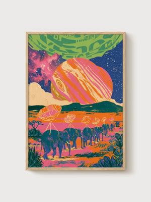 Surreal Elephant Desert Wall Art poster in oak frame