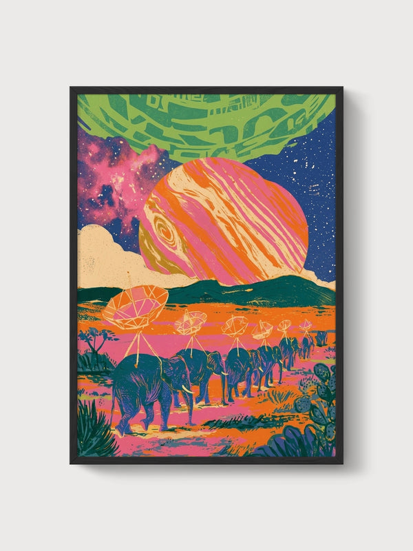 Surreal Elephant Desert Wall Art poster in black frame