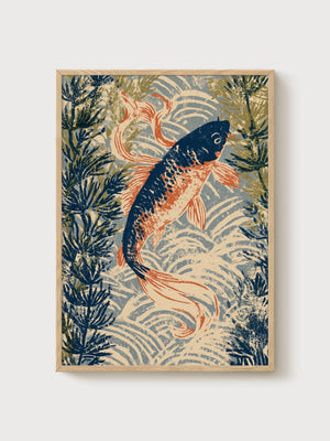 Koi Fish Wall Art poster in oak frame