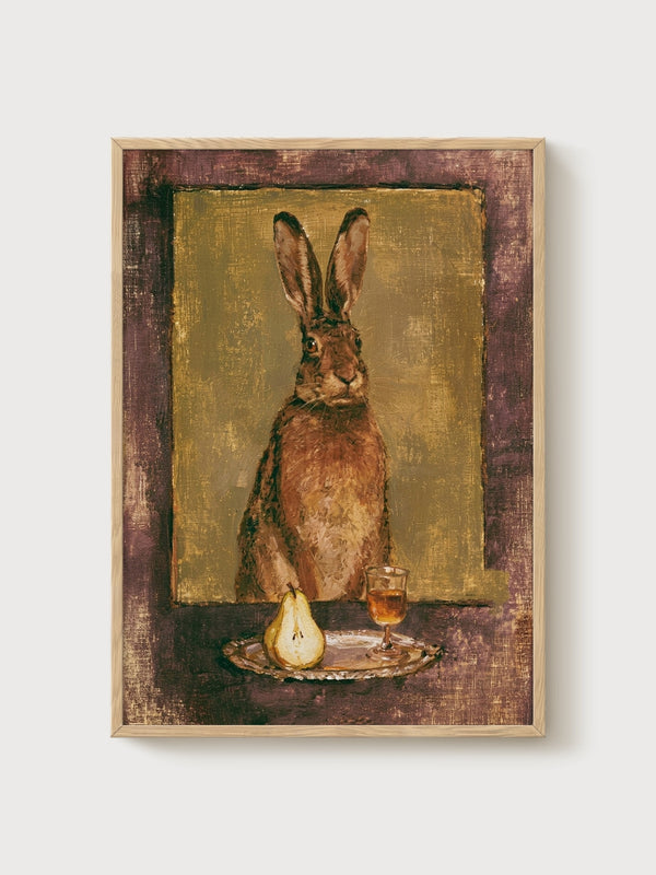Vintage Hare Portrait Wall Art poster in oak frame