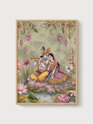 Radha Krishna Indian Wall Art poster in oak frame