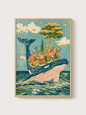 Whale Island Ocean Art poster in oak frame