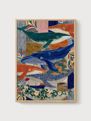 Whale Ocean Wall Art poster in oak frame