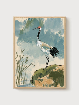 Crane Bird Print poster in oak frame