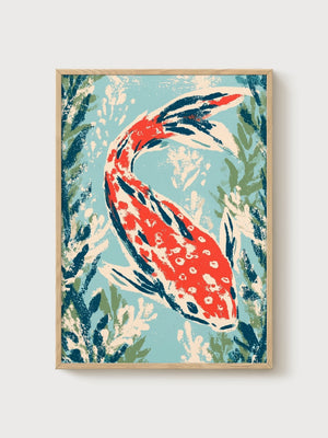 Koi Fish Wall Art poster in oak frame