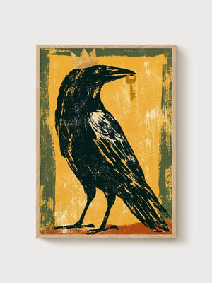 Crowned Raven Bird Art Print poster in oak frame