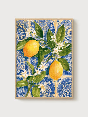 Lemon Watercolor Print poster in oak frame