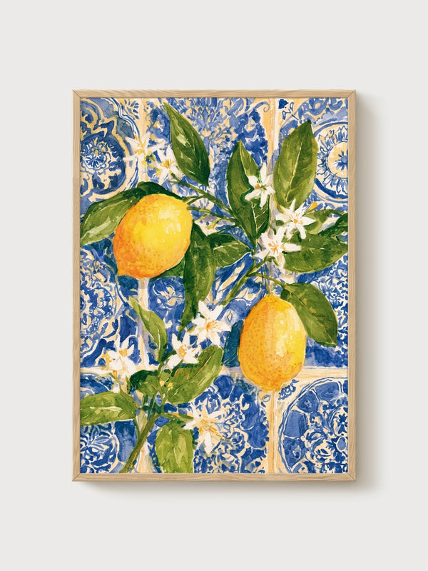 Lemon Watercolor Print poster in oak frame