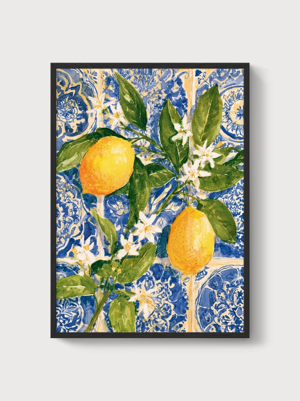 Lemon Watercolor Print poster in black frame