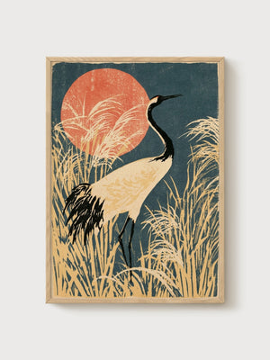 Japanese Crane Art Print poster in oak frame