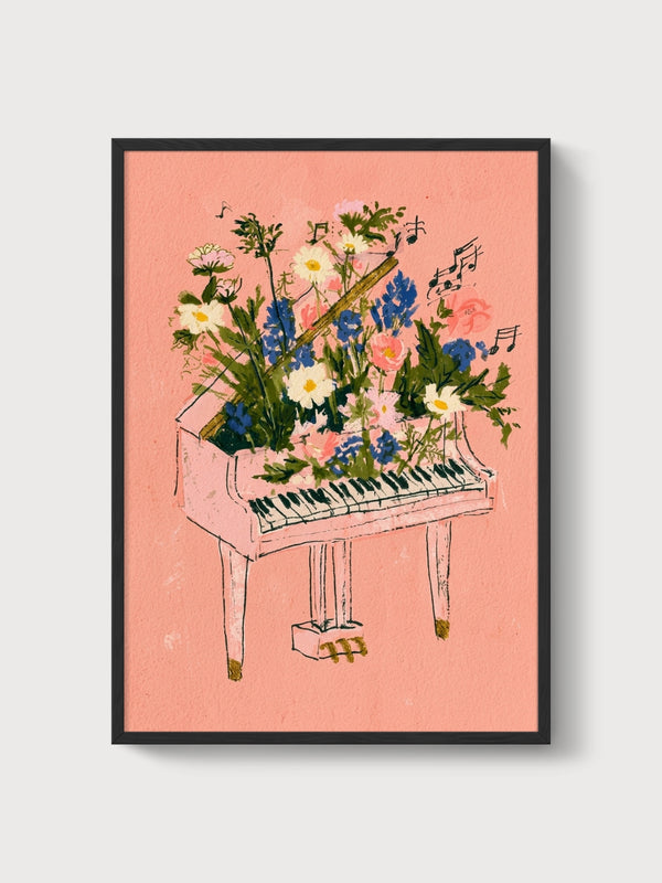 Floral Piano Watercolor Print poster in black frame