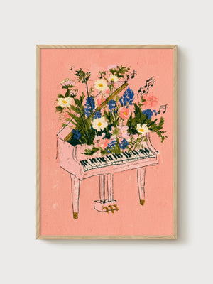 Floral Piano Watercolor Print poster in oak frame