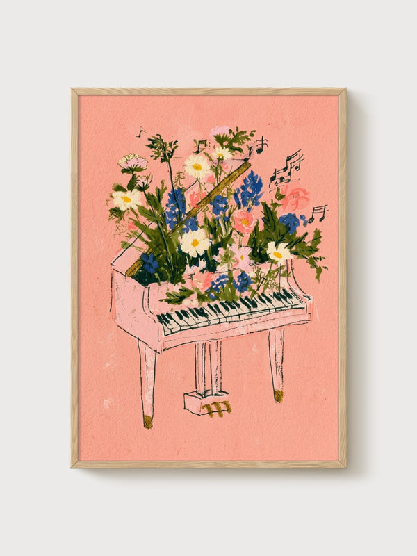 Floral Piano Watercolor Print poster in oak frame