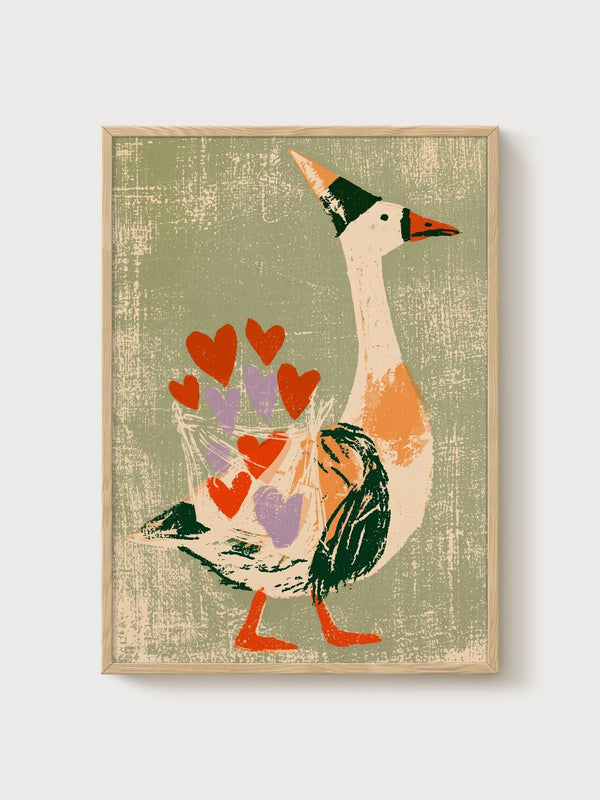Silly Goose Print poster in oak frame