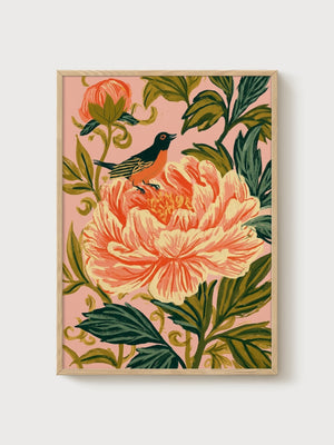 Bird and Peony Chinoiserie Wall Art poster in oak frame
