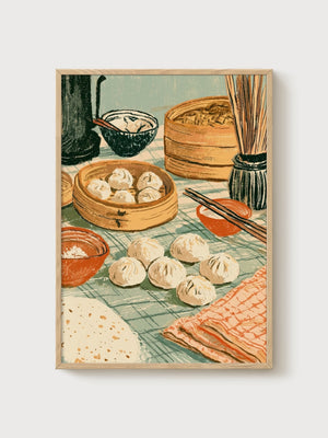 Dim Sum Chinoiserie Wall Art poster in oak frame