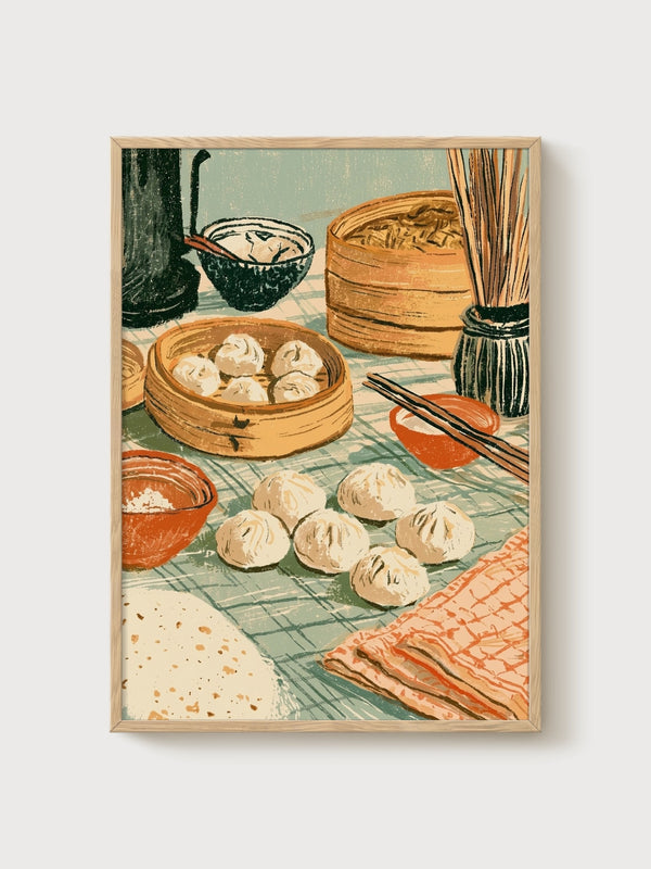 Dim Sum Chinoiserie Wall Art poster in oak frame