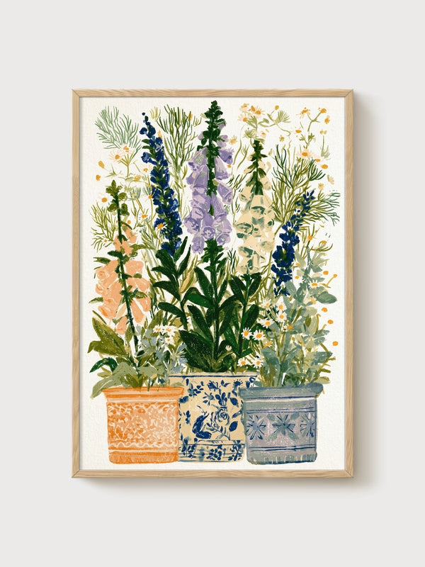 Watercolor Flowers Print poster in oak frame