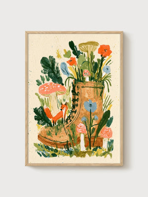 Fox Art Print poster in oak frame