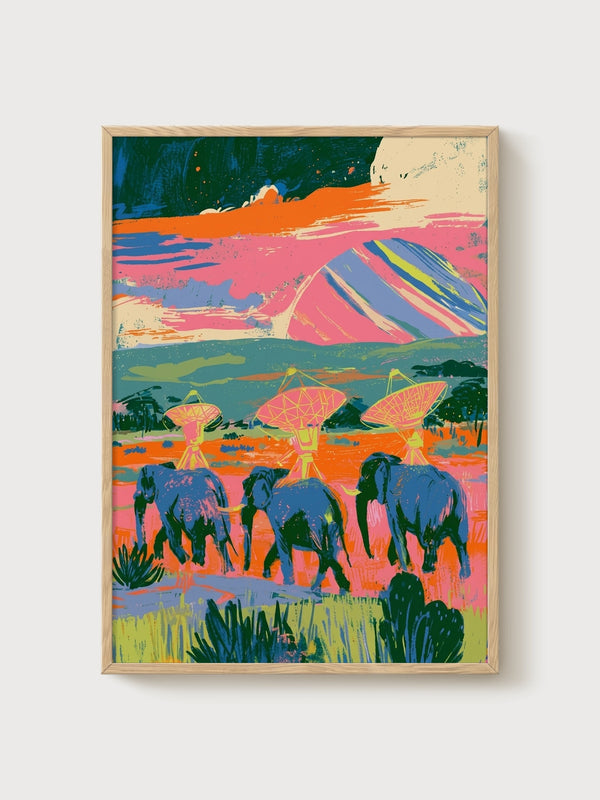 Elephant Wall Art poster in oak frame
