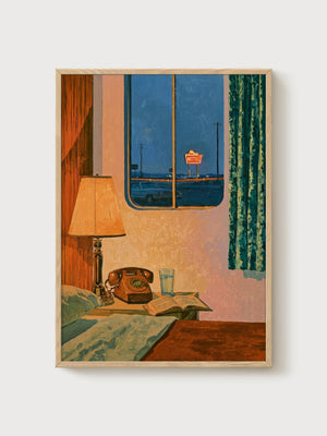 Retro Motel Night Window Print poster in oak frame