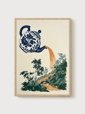Blue And White Vase Teapot Print poster in oak frame