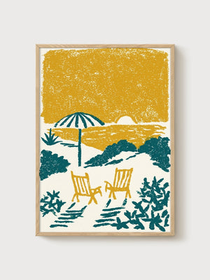 Retro Beach Print poster in oak frame
