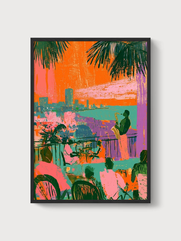 Retro Jazz Balcony Poster poster in black frame