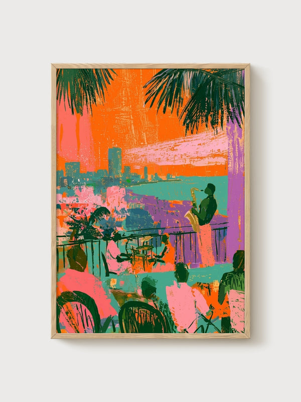 Retro Jazz Balcony Poster poster in oak frame