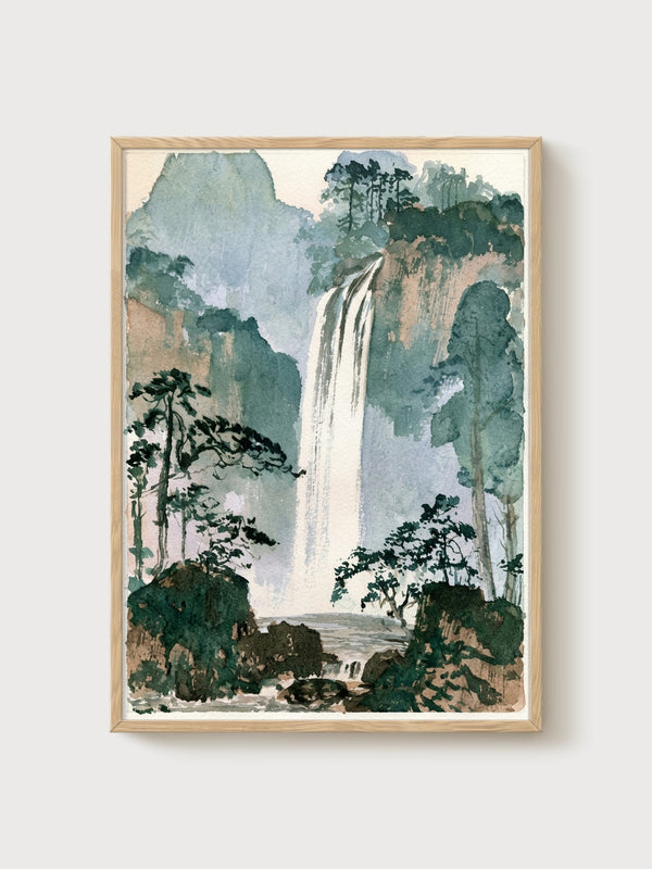 Japanese Waterfall Print poster in oak frame