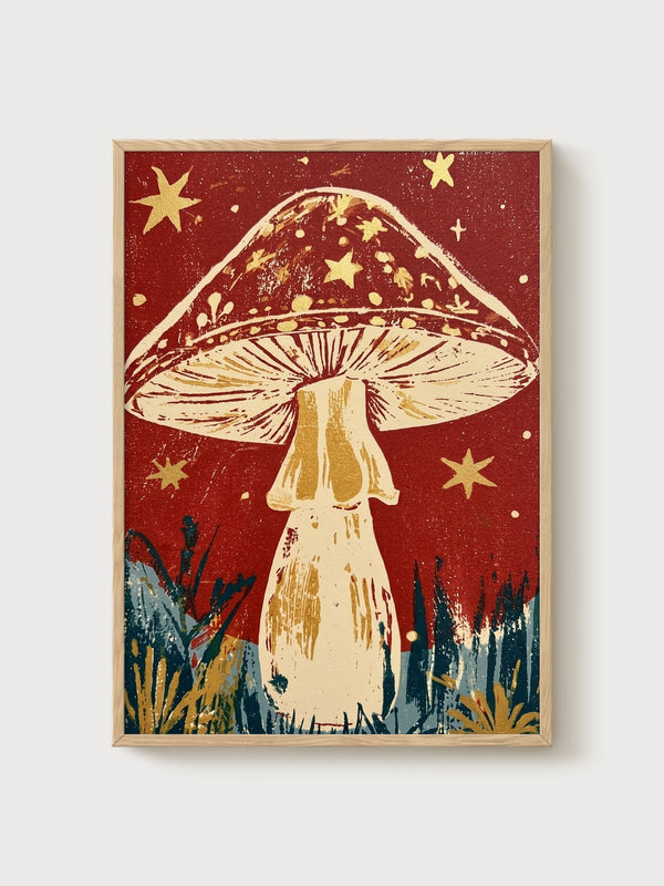 Mushroom Wall Art poster in oak frame
