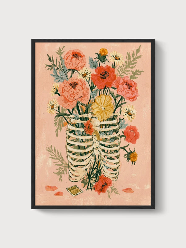 Skeleton Ribcage Flower Bouquet Print poster in black frame