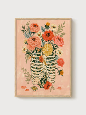 Skeleton Ribcage Flower Bouquet Print poster in oak frame