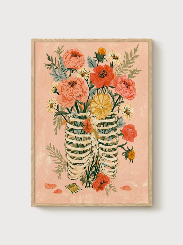 Skeleton Ribcage Flower Bouquet Print poster in oak frame