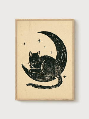 Black Cat Art Print poster in oak frame
