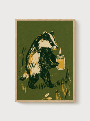 Cottagecore Badger Print poster in oak frame