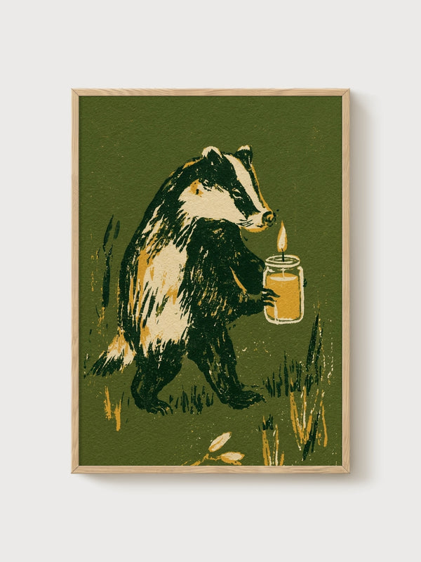 Cottagecore Badger Print poster in oak frame