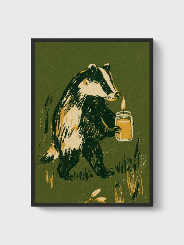 Cottagecore Badger Print poster in black frame